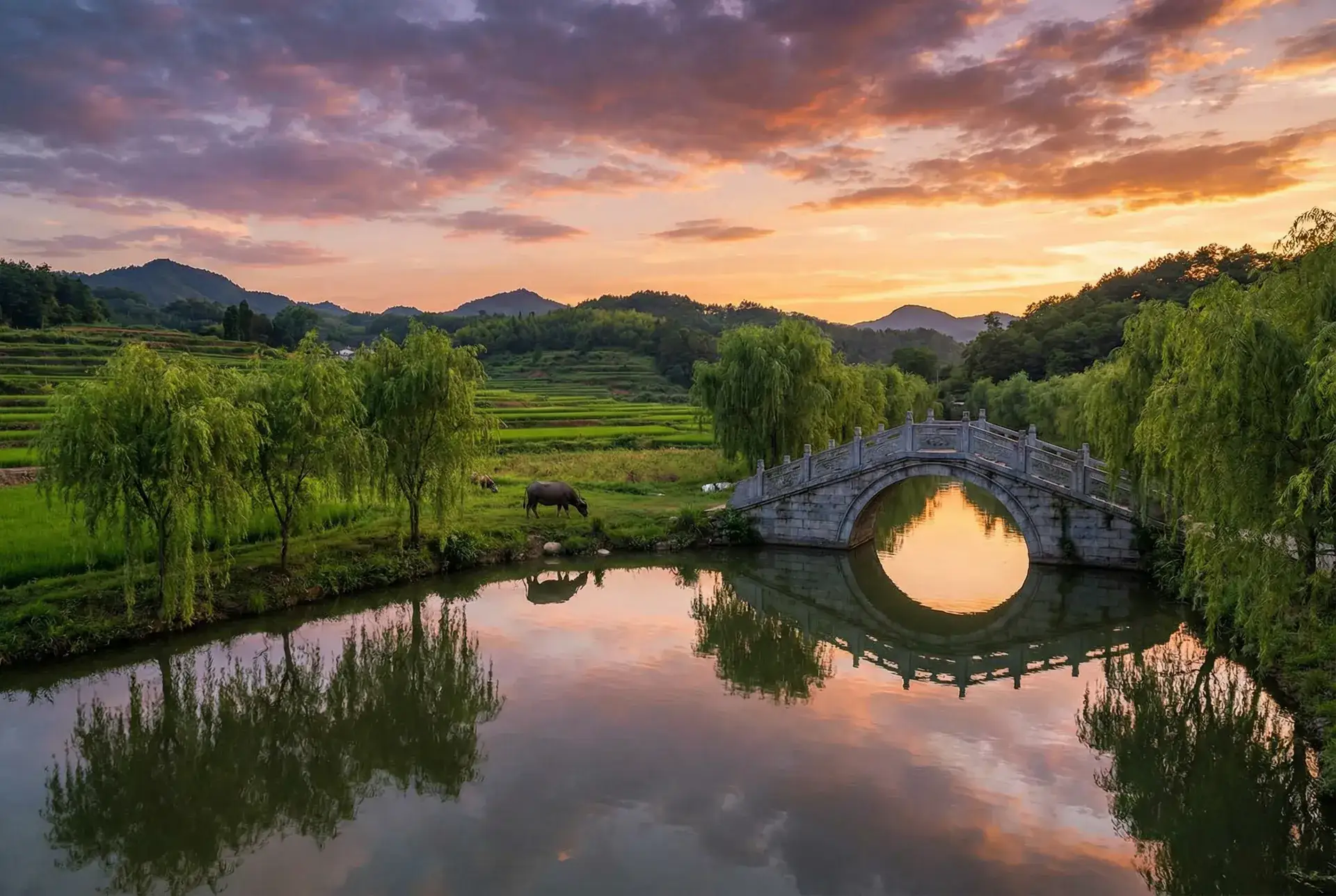 夕阳下的石拱桥与垂柳，水牛在河边吃草 - 正青春 电视剧 乡村美景